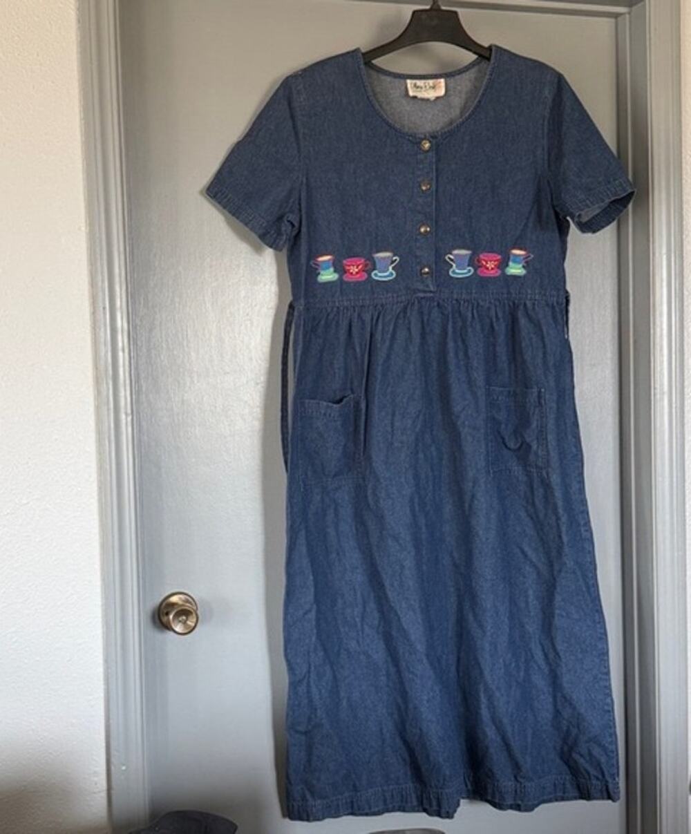 Vtg Olivia Rose Denim Embroidery Coffee Cup Midi Dress Short Sleeve Scoop Neck M